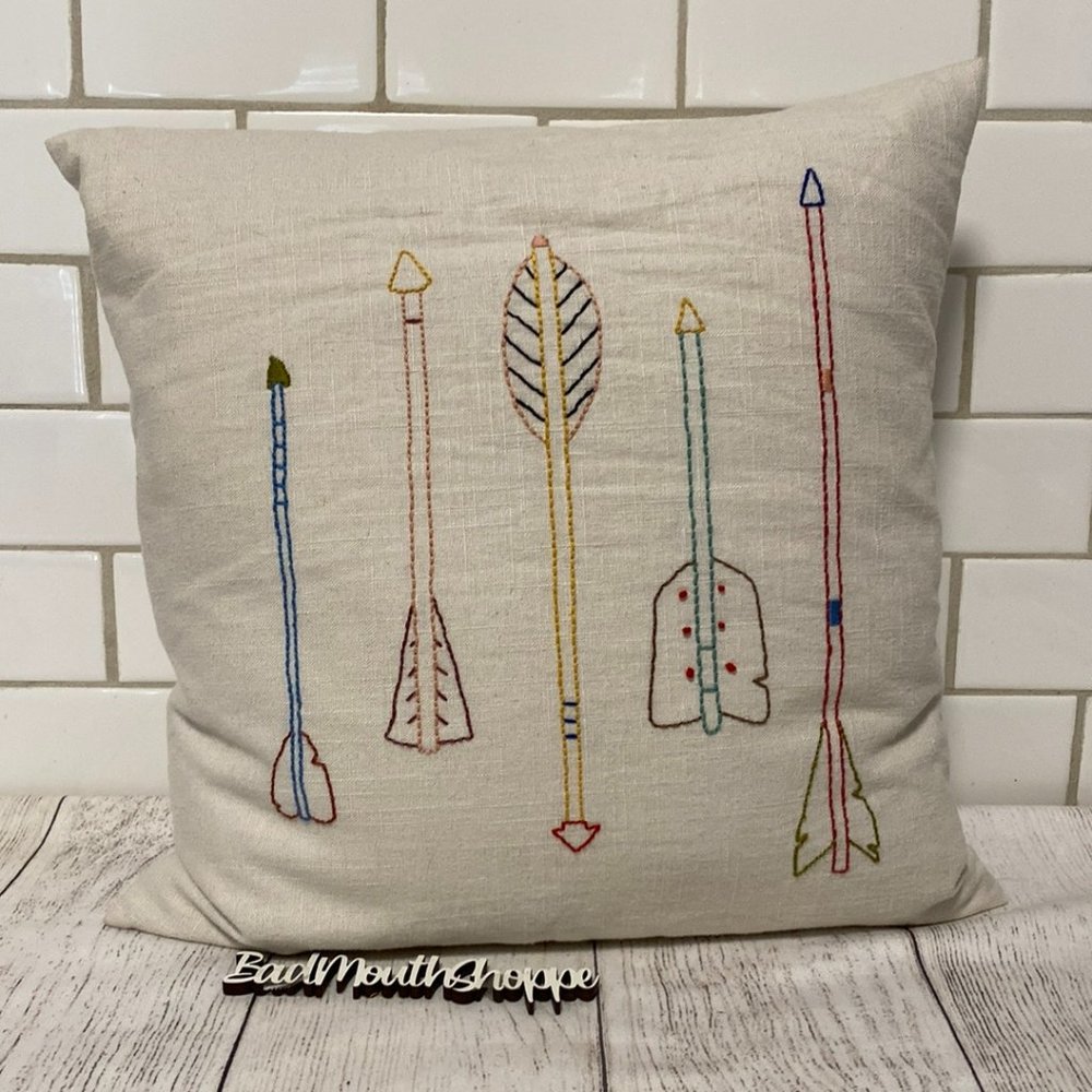 *Embroidered Arrows Linen Pillow Case + Down Insert 18x18 Throw Pillow
